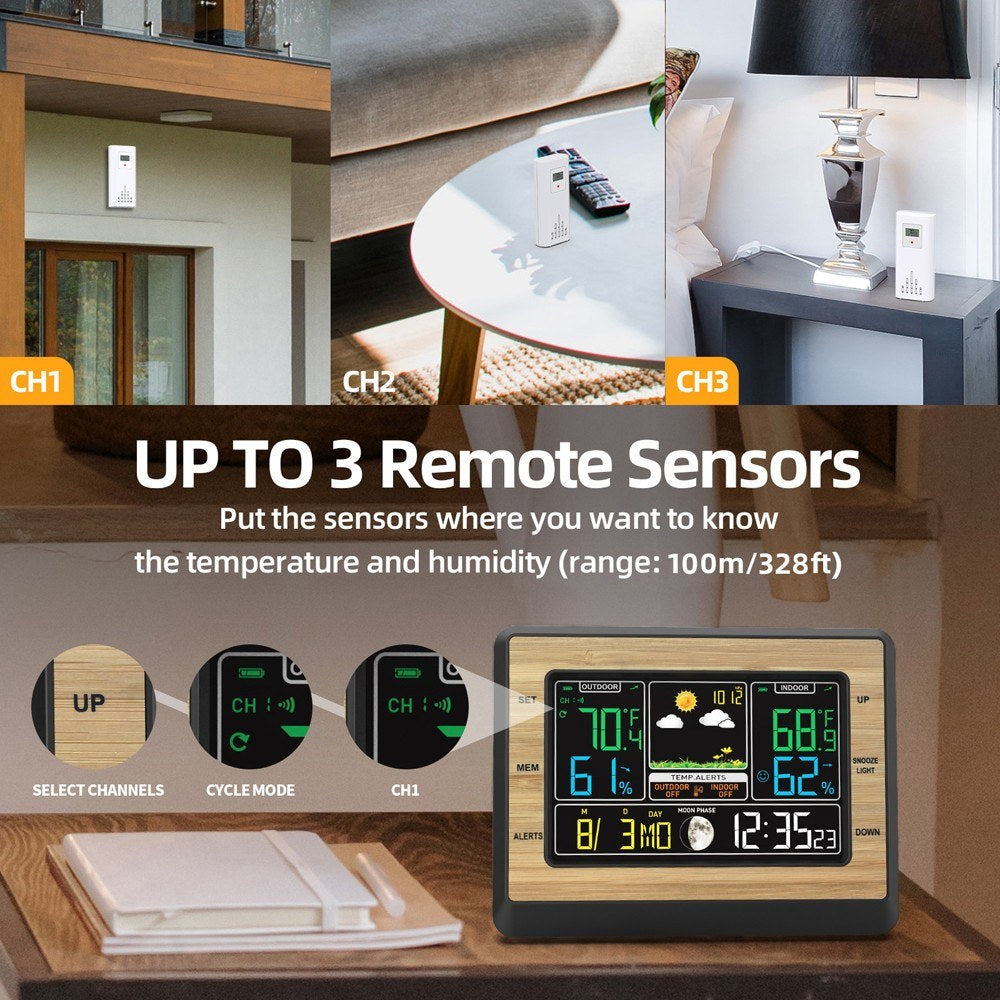 Multifunctional Weather Station Clock: Color Screen, Temperature & Humidity Meter, Barometric Measurement, Electronic Alarm, Moon Phase Display