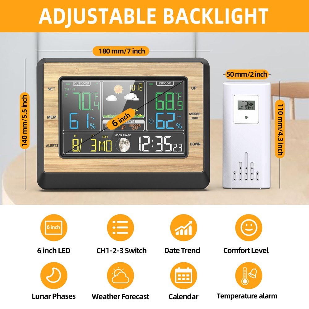 Multifunctional Weather Station Clock: Color Screen, Temperature & Humidity Meter, Barometric Measurement, Electronic Alarm, Moon Phase Display