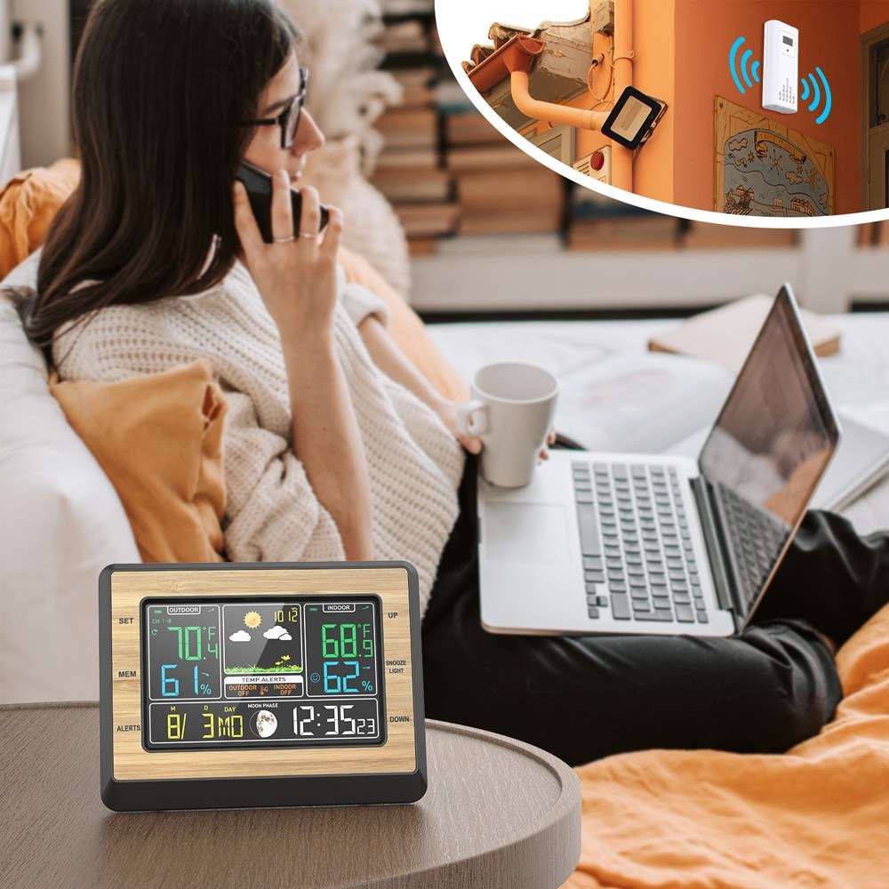 Multifunctional Weather Station Clock: Color Screen, Temperature & Humidity Meter, Barometric Measurement, Electronic Alarm, Moon Phase Display