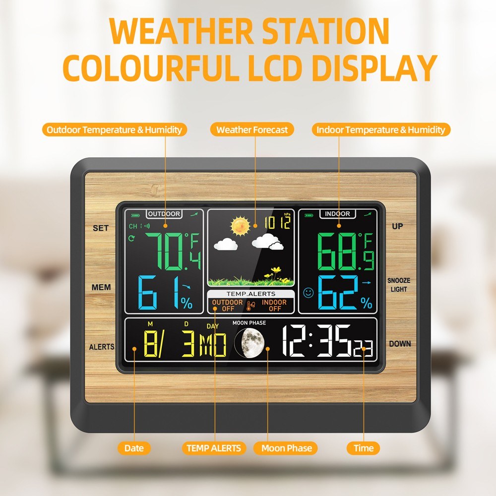 Multifunctional Weather Station Clock: Color Screen, Temperature & Humidity Meter, Barometric Measurement, Electronic Alarm, Moon Phase Display