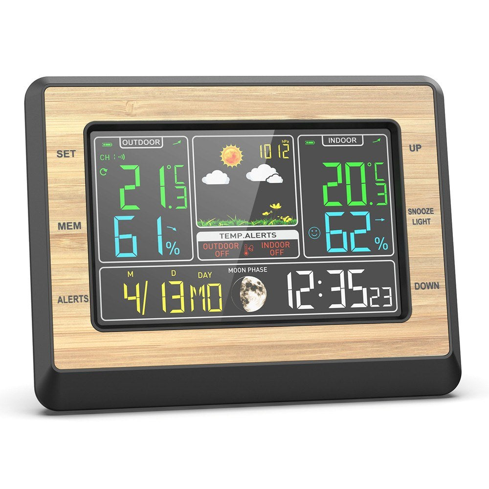 Multifunctional Weather Station Clock: Color Screen, Temperature & Humidity Meter, Barometric Measurement, Electronic Alarm, Moon Phase Display
