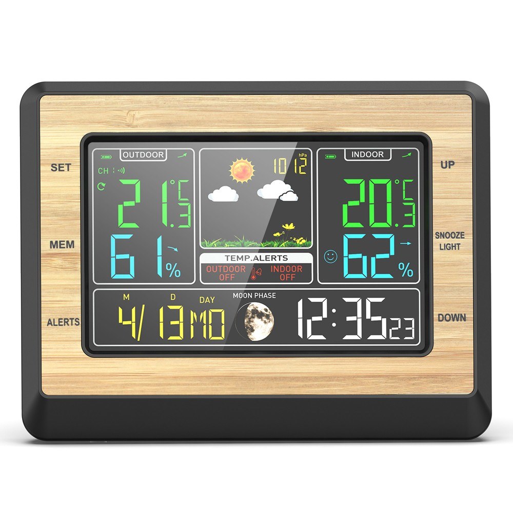 Multifunctional Weather Station Clock: Color Screen, Temperature & Humidity Meter, Barometric Measurement, Electronic Alarm, Moon Phase Display