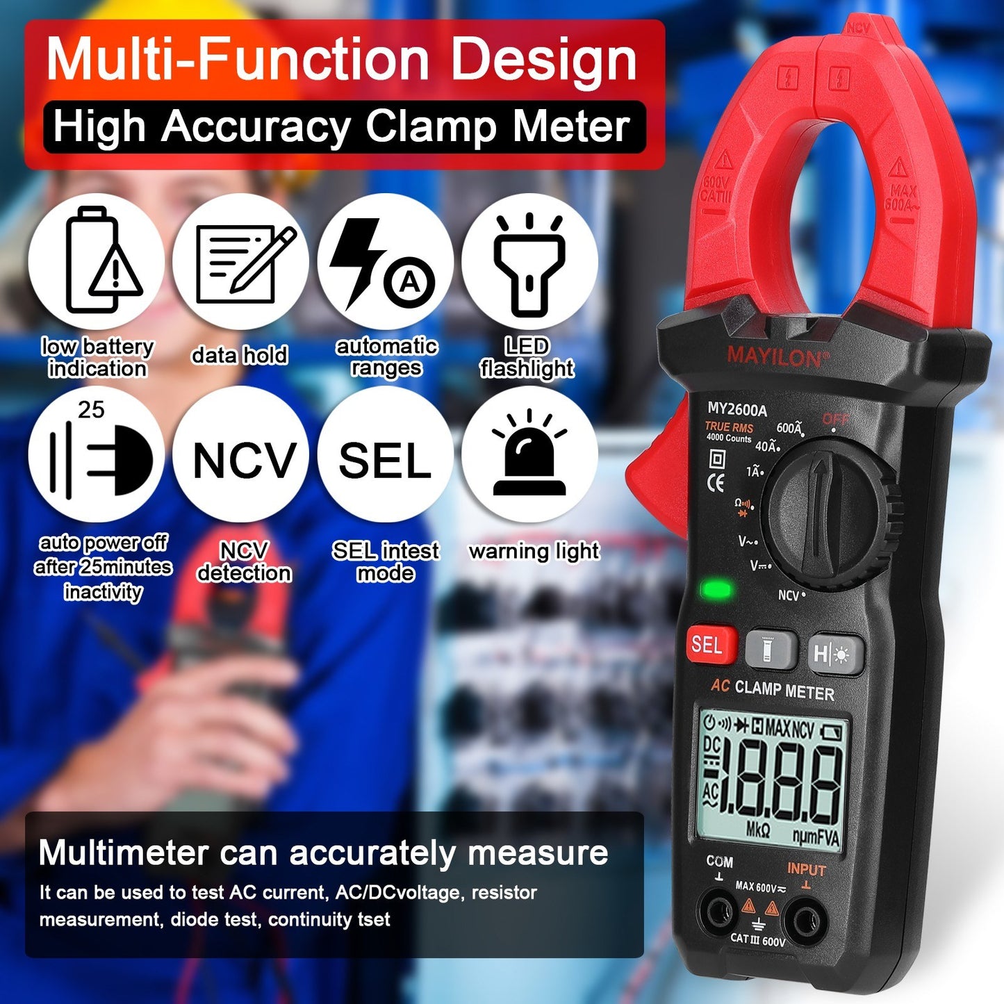 Multifunction Digital Clamp Meter 600V Voltmeter Tester - Amp, Volt, NCV, Current, Resistance, Diode & Continuity Measurement