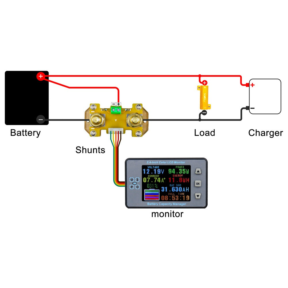 2.4 LCD Coulometer for Electric Car/RV Battery - Voltage, Current & Capacity Meter with Memory & Bidirectional Detection