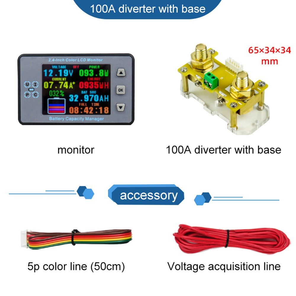 2.4 LCD Coulometer for Electric Car/RV Battery - Voltage, Current & Capacity Meter with Memory & Bidirectional Detection