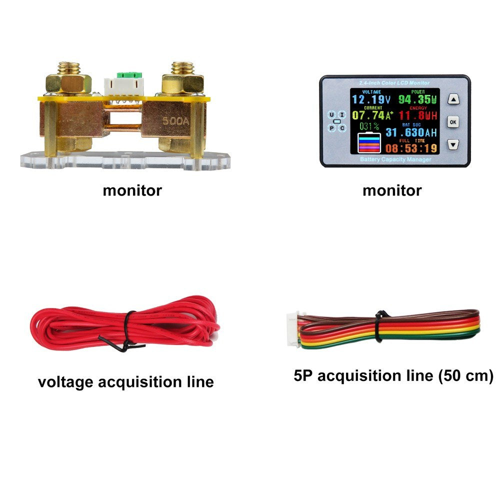 2.4 LCD Coulometer for Electric Car/RV Battery - Voltage, Current & Capacity Meter with Memory & Bidirectional Detection