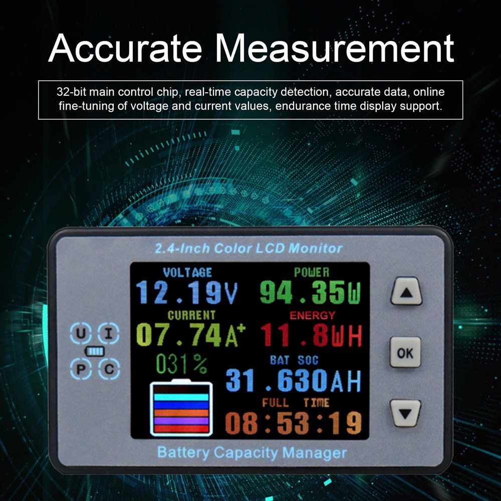 2.4 LCD Coulometer for Electric Car/RV Battery - Voltage, Current & Capacity Meter with Memory & Bidirectional Detection