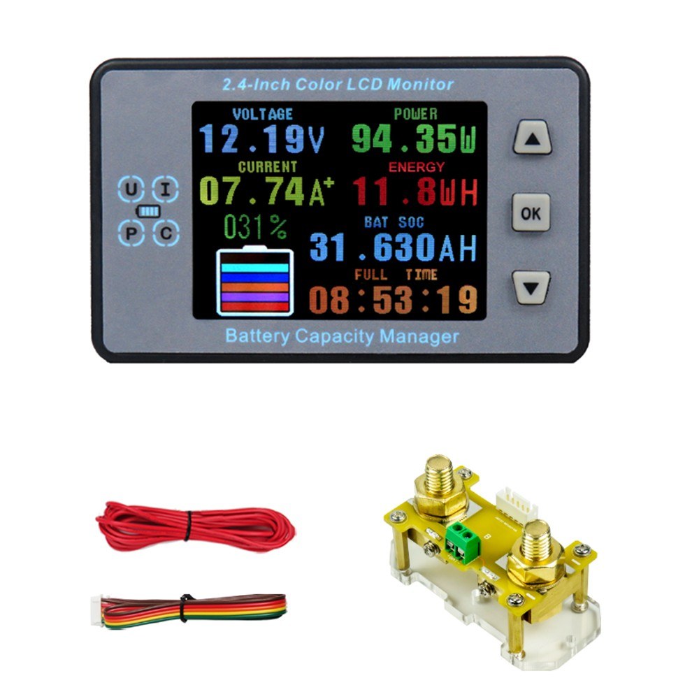 2.4 LCD Coulometer for Electric Car/RV Battery - Voltage, Current & Capacity Meter with Memory & Bidirectional Detection
