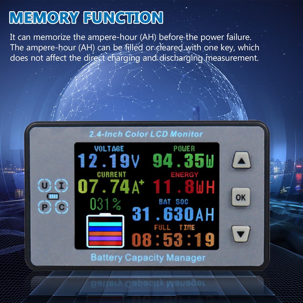 2.4 LCD Coulometer for Electric Car/RV Battery - Voltage, Current & Capacity Meter with Memory & Bidirectional Detection