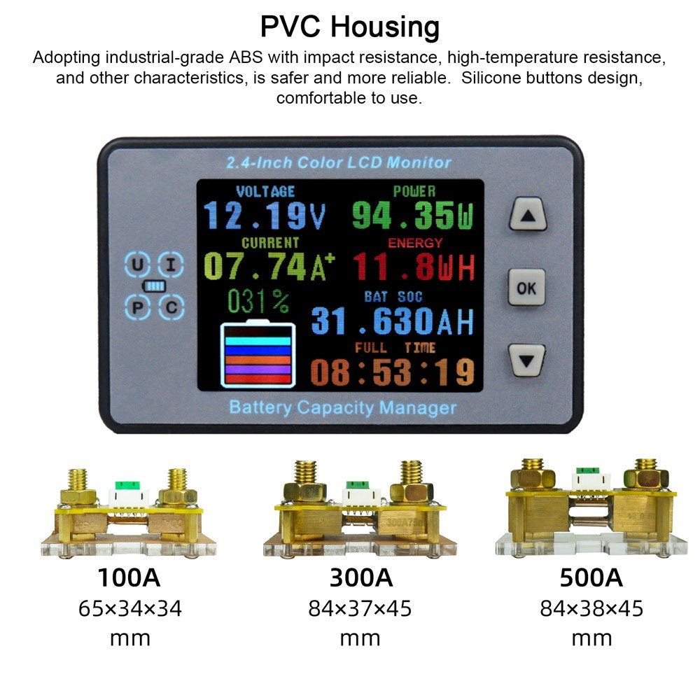 2.4 LCD Coulometer for Electric Car/RV Battery - Voltage, Current & Capacity Meter with Memory & Bidirectional Detection