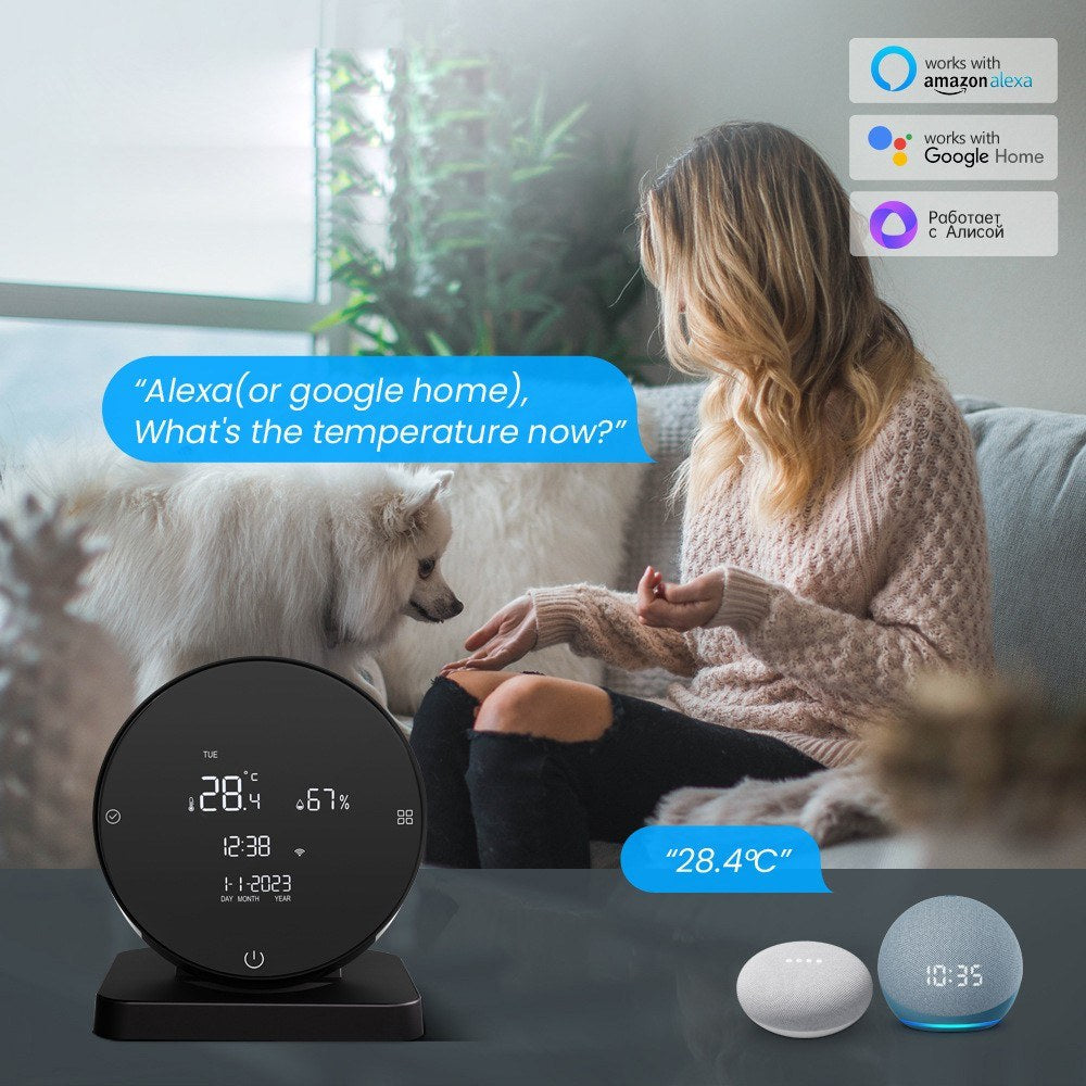 Rechargeable WiFi Temperature & Humidity Meter - LCD Display, IR Remote, Google Home & Alexa Compatible