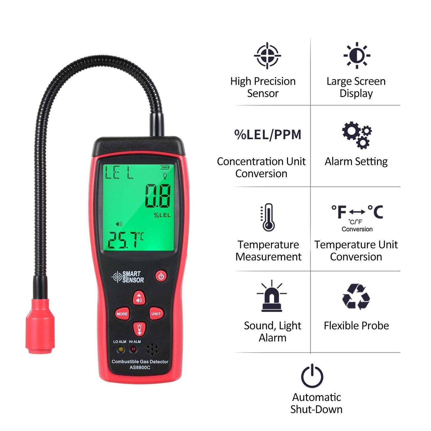 SMART SENSOR Portable Combustible Gas Leak Detector & Concentration Analyzer with Temperature Test & Sound/Light Alarm