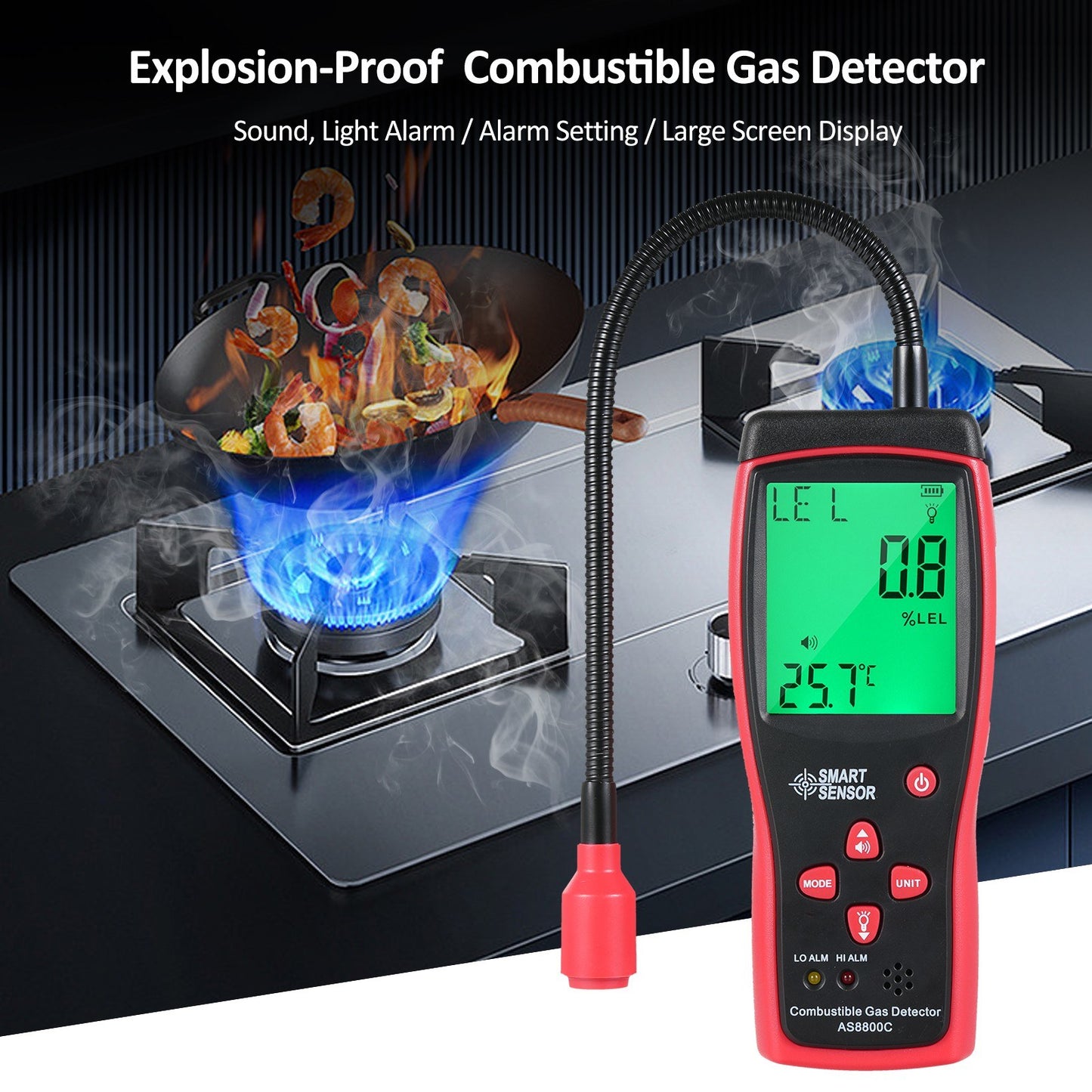 SMART SENSOR Portable Combustible Gas Leak Detector & Concentration Analyzer with Temperature Test & Sound/Light Alarm