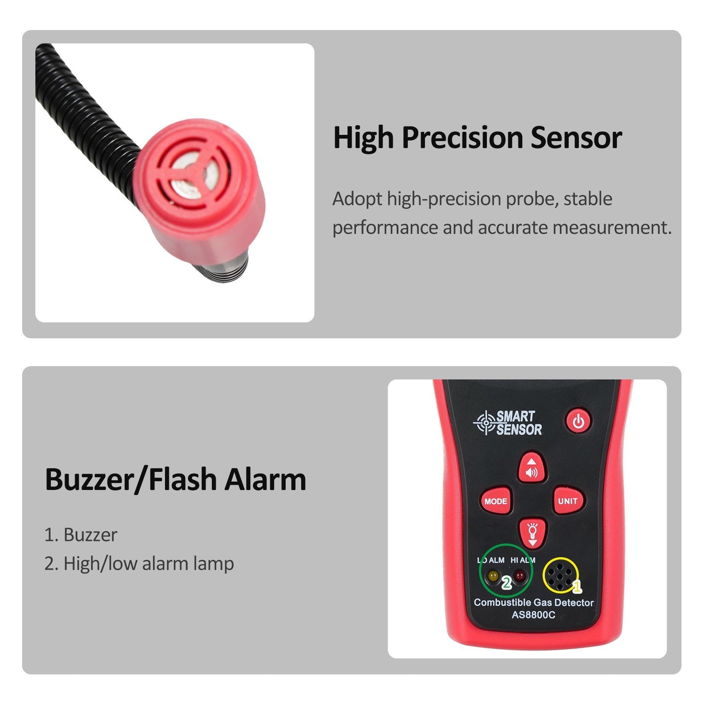 SMART SENSOR Portable Combustible Gas Leak Detector & Concentration Analyzer with Temperature Test & Sound/Light Alarm