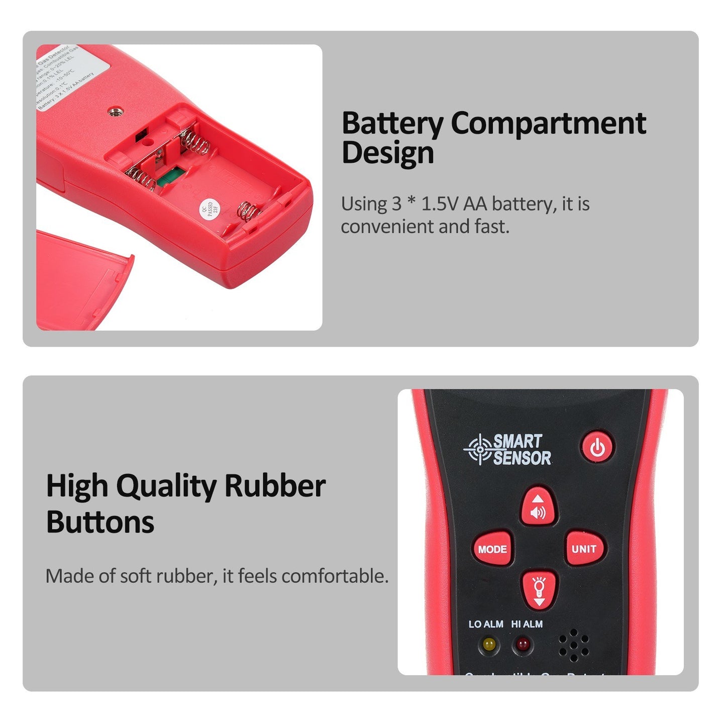 SMART SENSOR Portable Combustible Gas Leak Detector & Concentration Analyzer with Temperature Test & Sound/Light Alarm