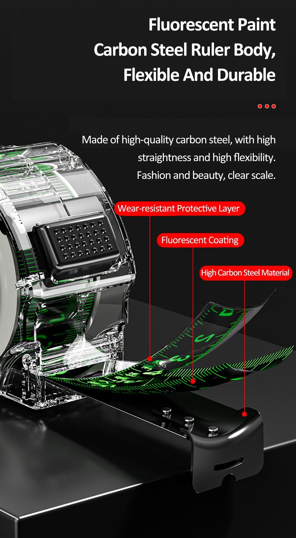 High-Precision Fluorescent Tape Measure with Clear Scale, Durable Transparent Shell