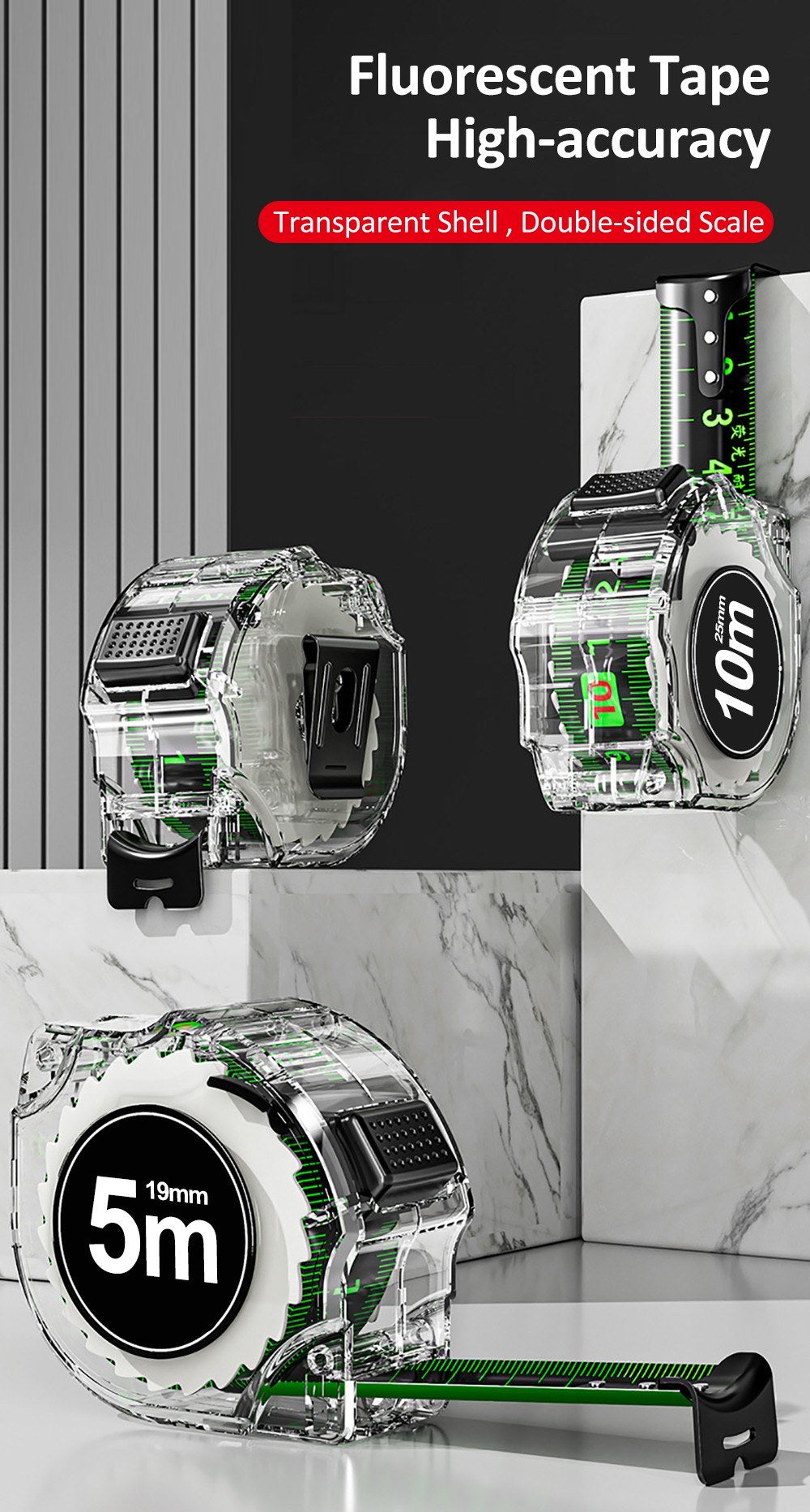 High-Precision Fluorescent Tape Measure with Clear Scale, Durable Transparent Shell