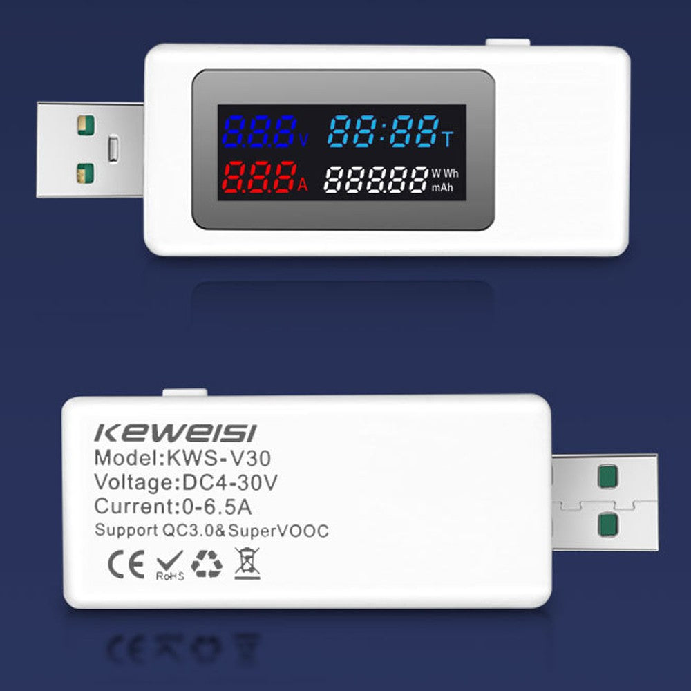 KWS-V30 6in1 USB Power Meter Tester: Current & Voltage Monitor with Power-off Memory