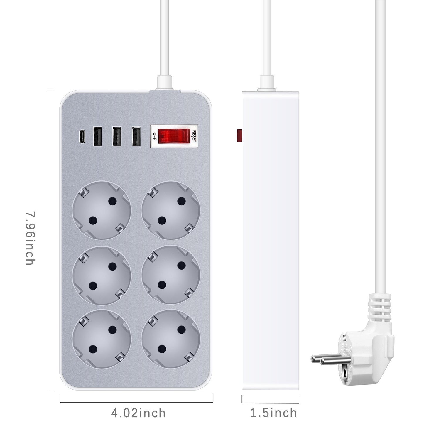 10-In-1 Power Strip with 6 Outlets & 4 USB Ports, 1.2-Meter Cord, EU Plug for Home, Office, Hotel