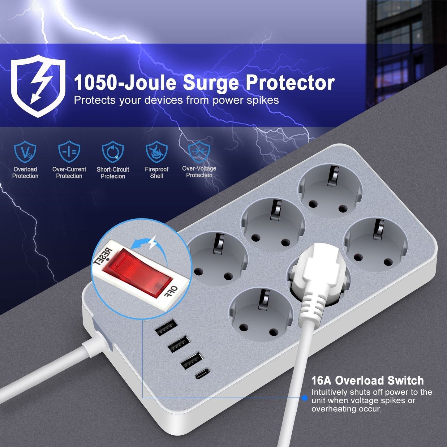 10-In-1 Power Strip with 6 Outlets & 4 USB Ports, 1.2-Meter Cord, EU Plug for Home, Office, Hotel