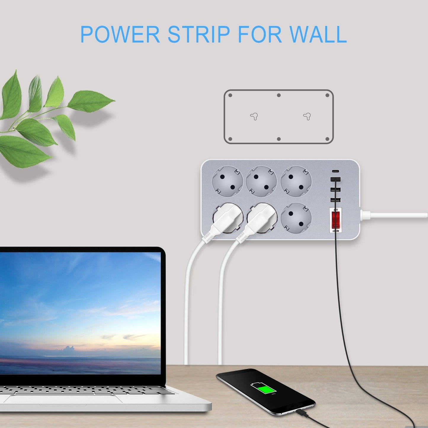 10-In-1 Power Strip with 6 Outlets & 4 USB Ports, 1.2-Meter Cord, EU Plug for Home, Office, Hotel