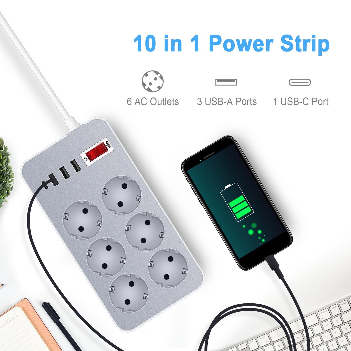 10-In-1 Power Strip with 6 Outlets & 4 USB Ports, 1.2-Meter Cord, EU Plug for Home, Office, Hotel