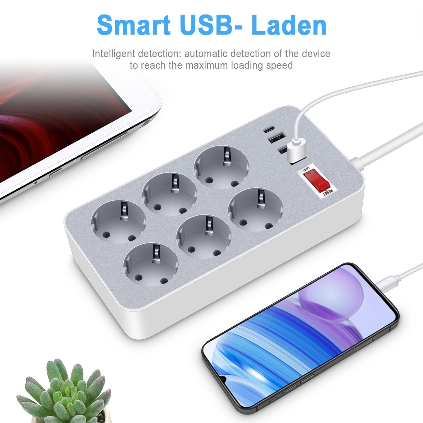 10-In-1 Power Strip with 6 Outlets & 4 USB Ports, 1.2-Meter Cord, EU Plug for Home, Office, Hotel