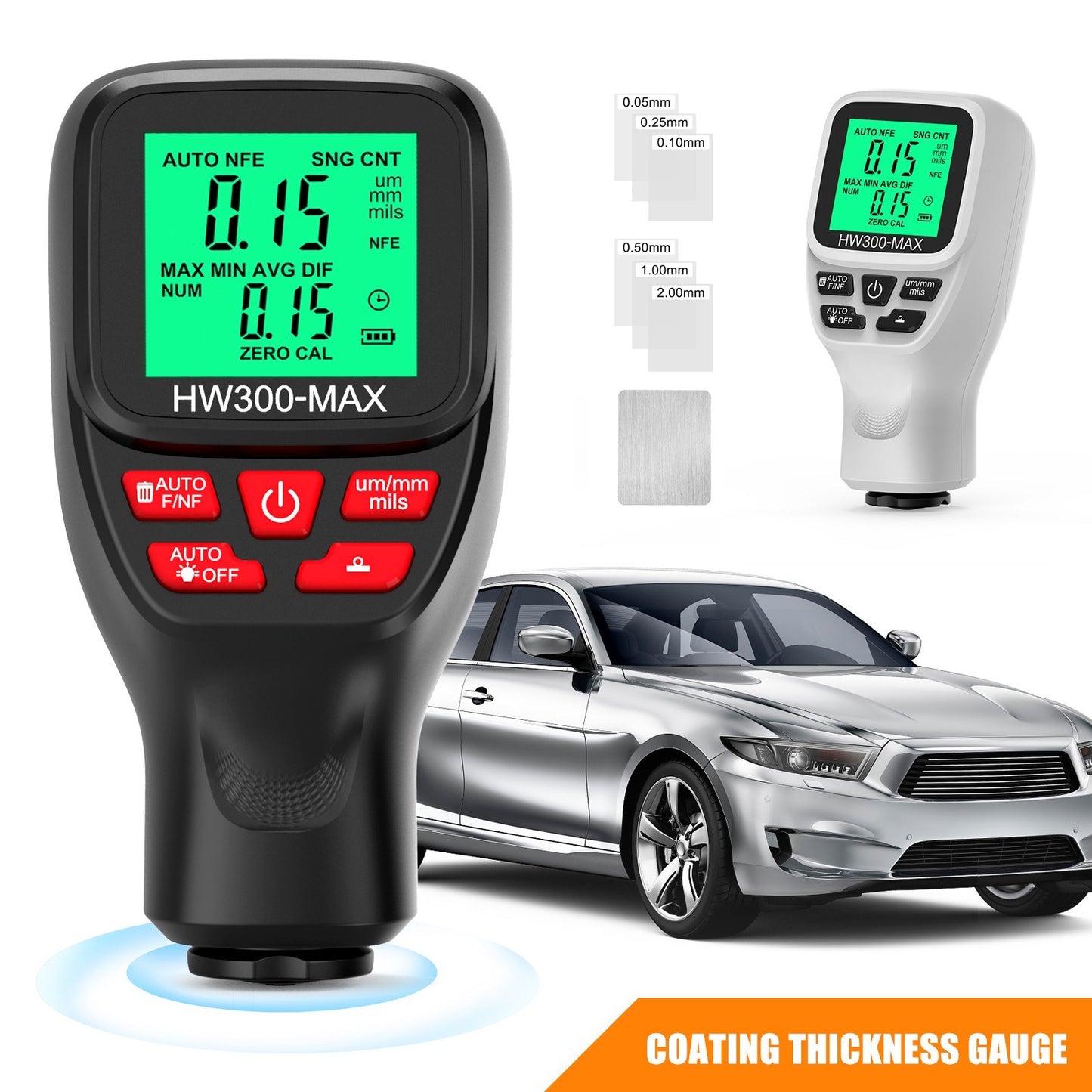 Digital Thickness Gauge 0-2000UM with LCD Display, High Precision Car Paint Tester – Three Probe Modes & Units, Zero Calibration Function