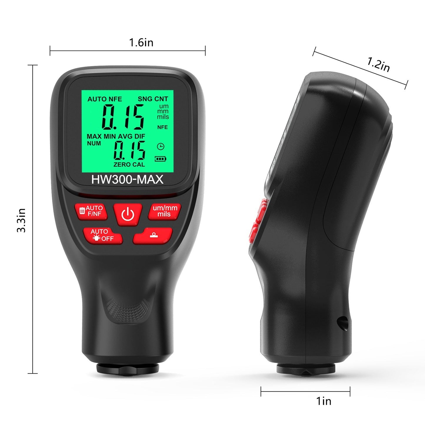 Digital Thickness Gauge 0-2000UM with LCD Display, High Precision Car Paint Tester – Three Probe Modes & Units, Zero Calibration Function
