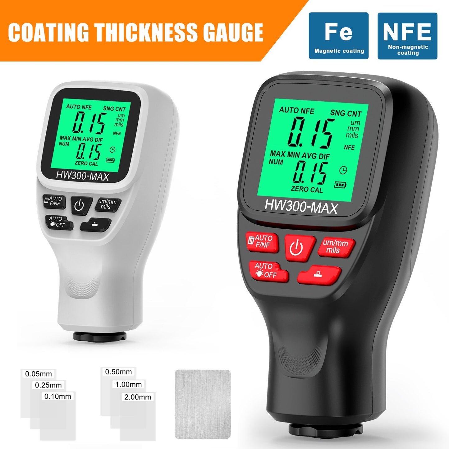Digital Thickness Gauge 0-2000UM with LCD Display, High Precision Car Paint Tester – Three Probe Modes & Units, Zero Calibration Function