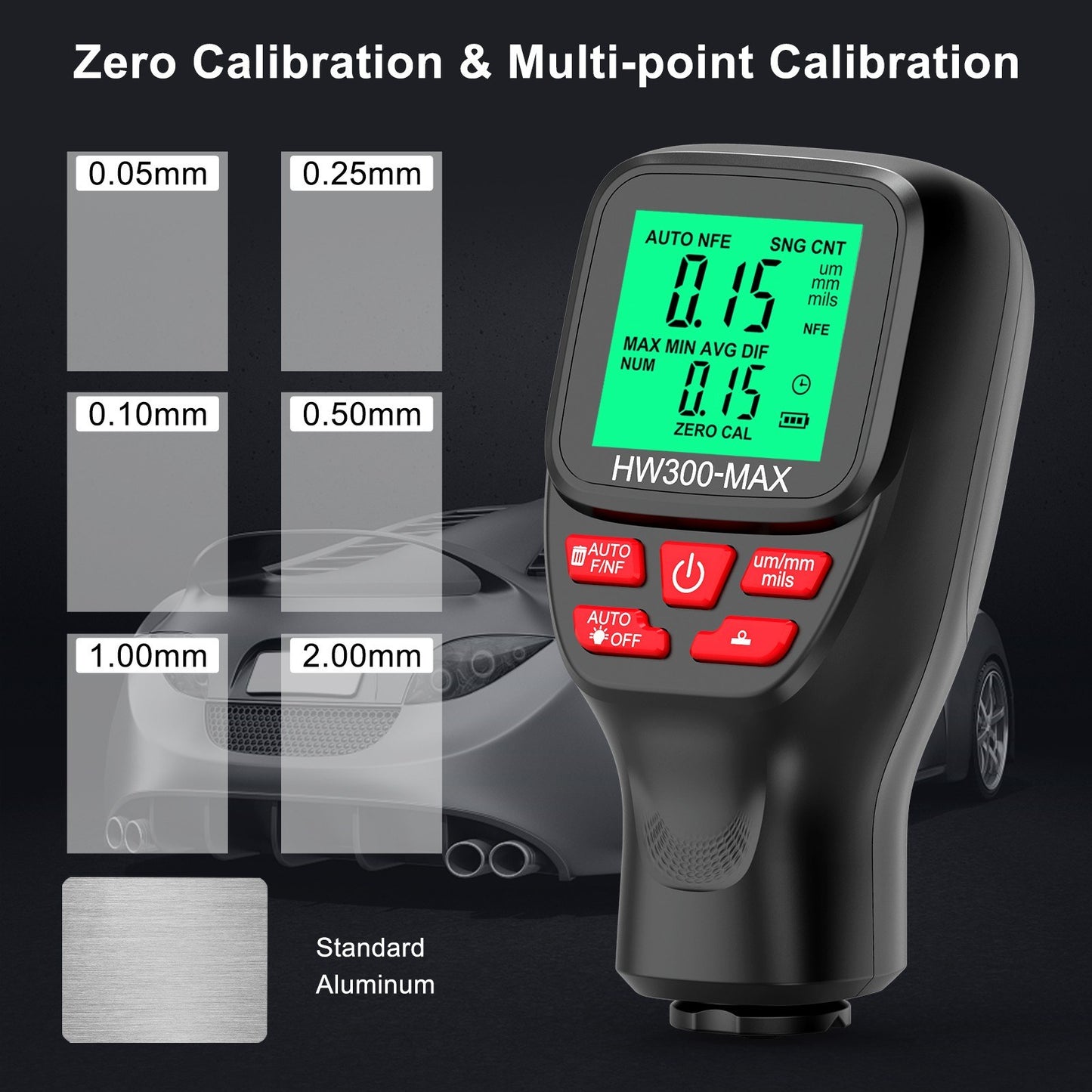 Digital Thickness Gauge 0-2000UM with LCD Display, High Precision Car Paint Tester – Three Probe Modes & Units, Zero Calibration Function