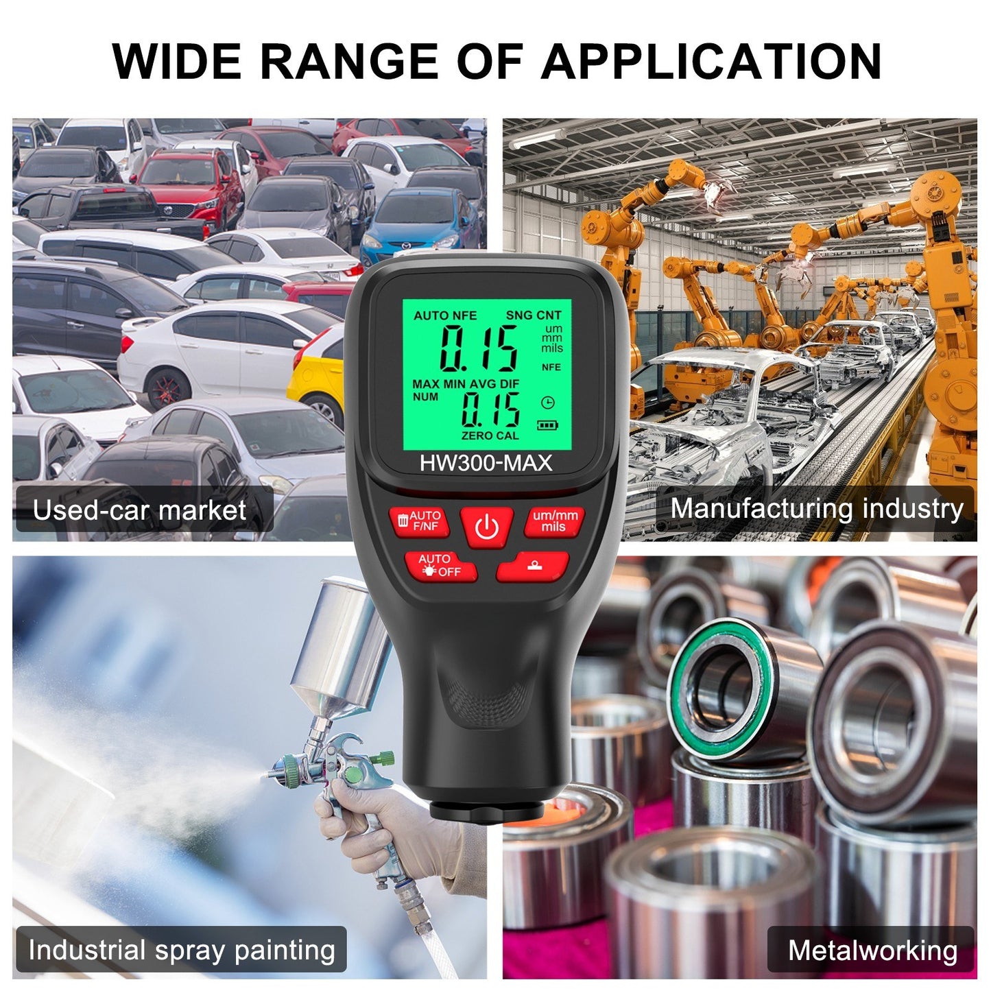 Digital Thickness Gauge 0-2000UM with LCD Display, High Precision Car Paint Tester – Three Probe Modes & Units, Zero Calibration Function