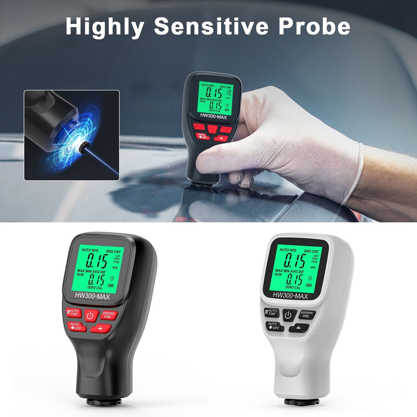 Digital Thickness Gauge 0-2000UM with LCD Display, High Precision Car Paint Tester – Three Probe Modes & Units, Zero Calibration Function