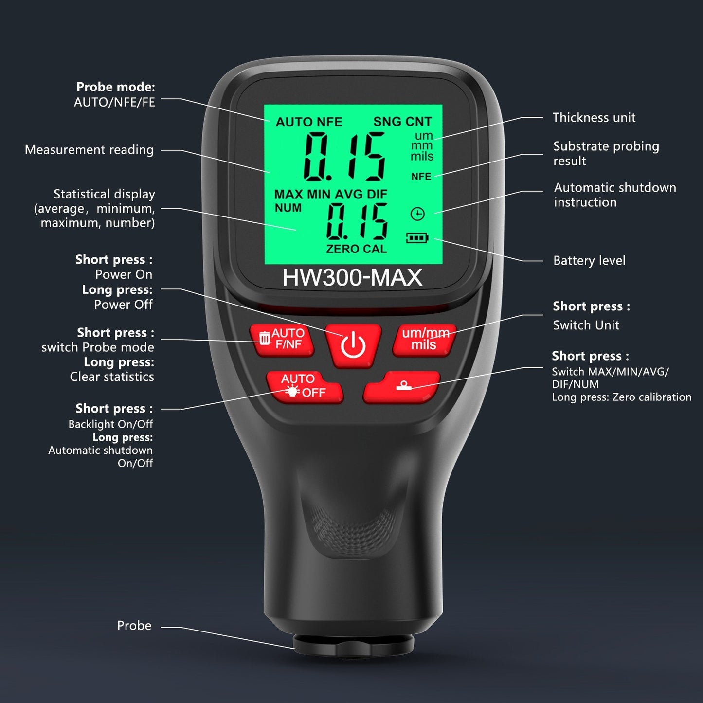 Digital Thickness Gauge 0-2000UM with LCD Display, High Precision Car Paint Tester – Three Probe Modes & Units, Zero Calibration Function