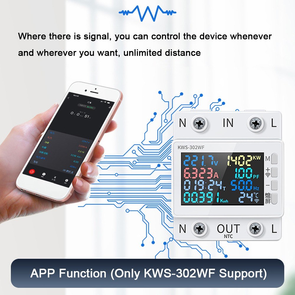 Tuya WiFi Smart 8-in-1 AC Energy Meter with Color Display, 63A Voltage/Current Measure, Standard Rail Mount, Power Failure Protection (170-270V)