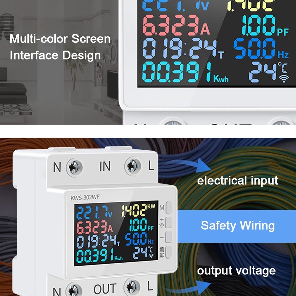 Tuya WiFi Smart 8-in-1 AC Energy Meter with Color Display, 63A Voltage/Current Measure, Standard Rail Mount, Power Failure Protection (170-270V)