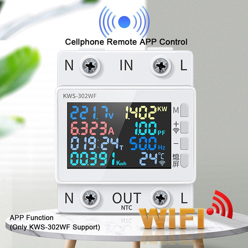 Tuya WiFi Smart 8-in-1 AC Energy Meter with Color Display, 63A Voltage/Current Measure, Standard Rail Mount, Power Failure Protection (170-270V)