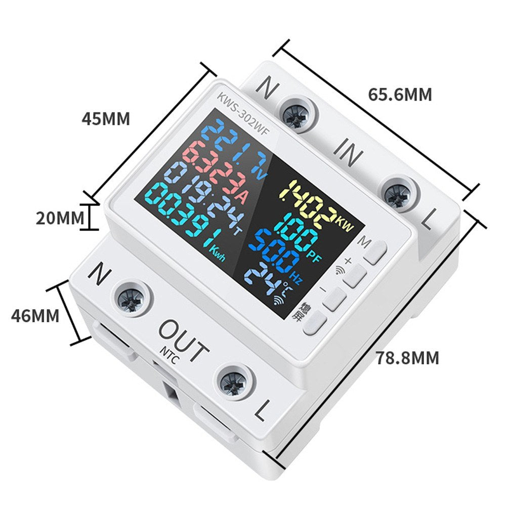 Tuya WiFi Smart 8-in-1 AC Energy Meter with Color Display, 63A Voltage/Current Measure, Standard Rail Mount, Power Failure Protection (170-270V)