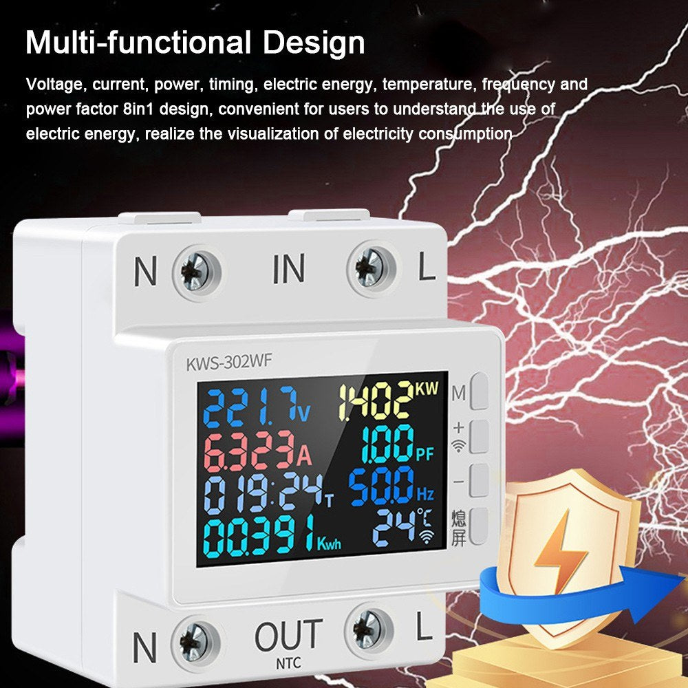 Tuya WiFi Smart 8-in-1 AC Energy Meter with Color Display, 63A Voltage/Current Measure, Standard Rail Mount, Power Failure Protection (170-270V)