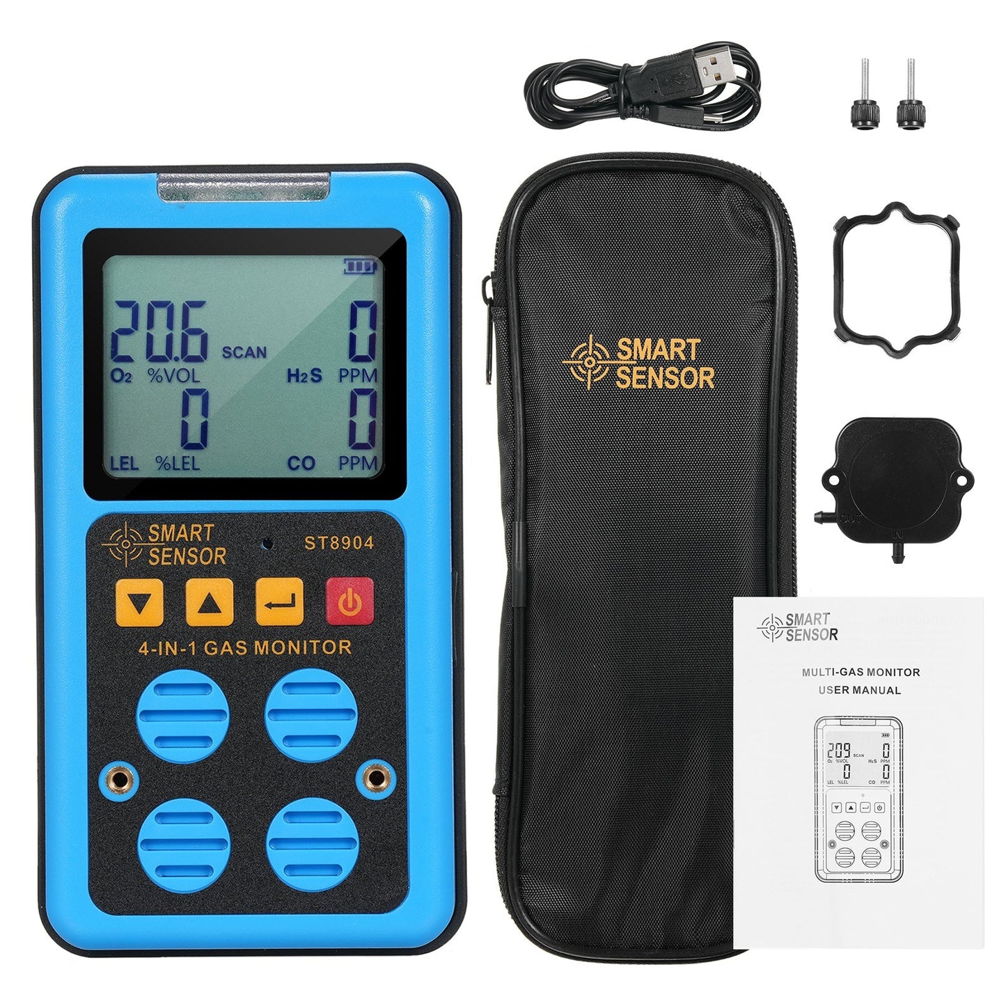 SMART SENSOR 4-in-1 Rechargeable Gas Detector - Portable H₂S, O₂, CO, LEL Monitor with LCD Display & Alarm