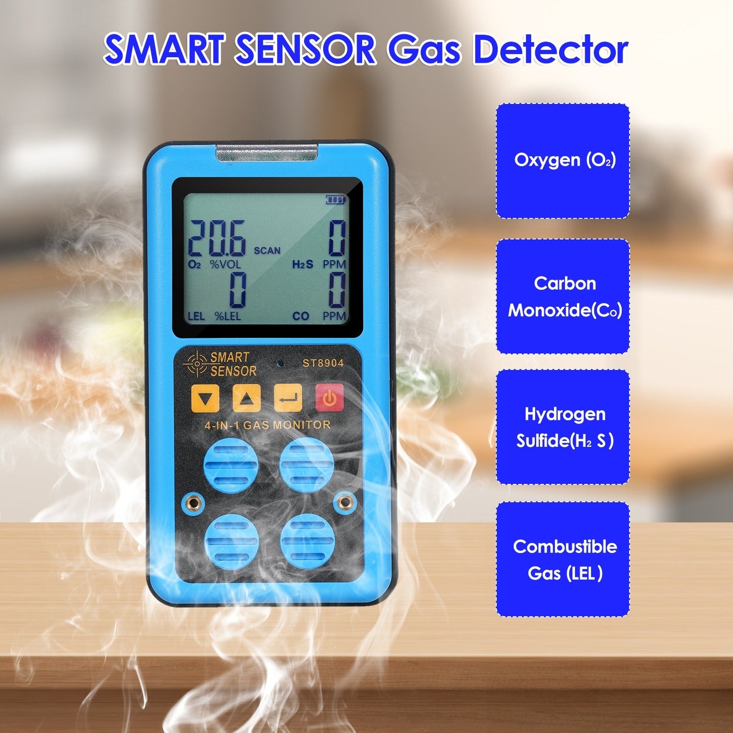 SMART SENSOR 4-in-1 Rechargeable Gas Detector - Portable H₂S, O₂, CO, LEL Monitor with LCD Display & Alarm