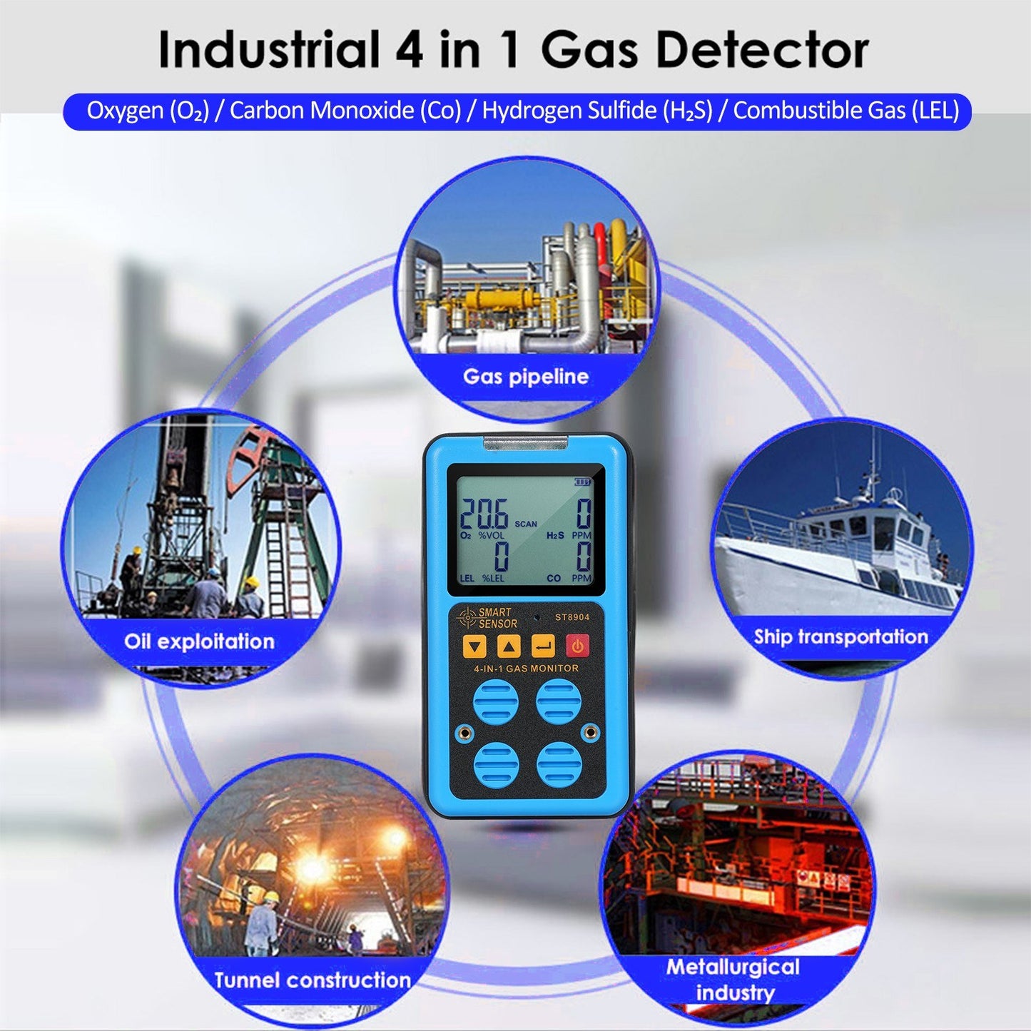 SMART SENSOR 4-in-1 Rechargeable Gas Detector - Portable H₂S, O₂, CO, LEL Monitor with LCD Display & Alarm
