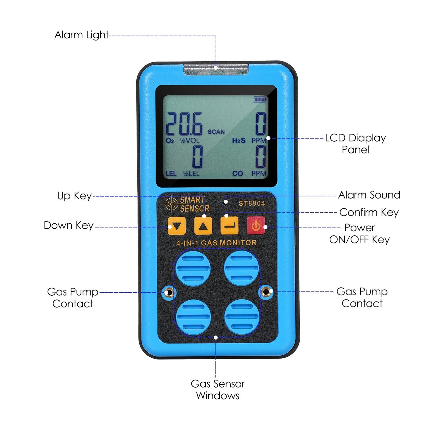 SMART SENSOR 4-in-1 Rechargeable Gas Detector - Portable H₂S, O₂, CO, LEL Monitor with LCD Display & Alarm