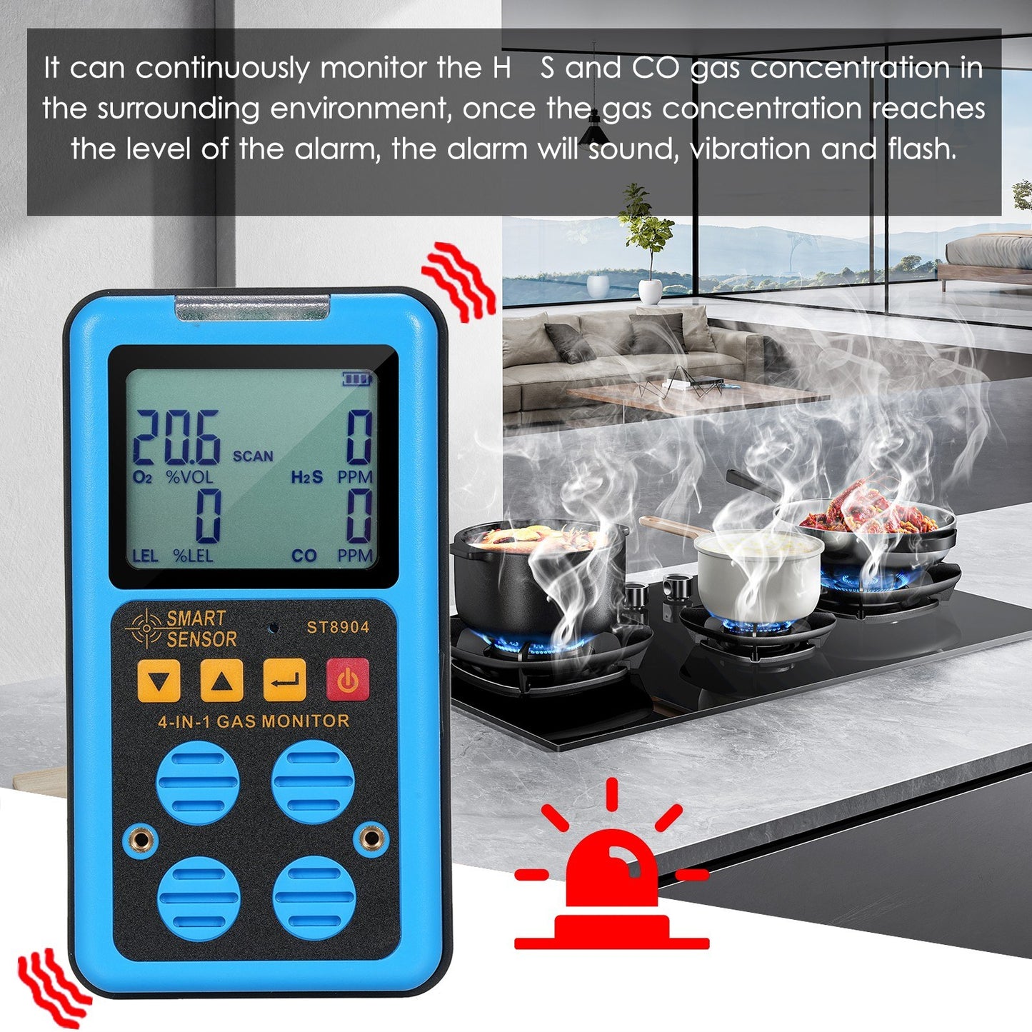 SMART SENSOR 4-in-1 Rechargeable Gas Detector - Portable H₂S, O₂, CO, LEL Monitor with LCD Display & Alarm