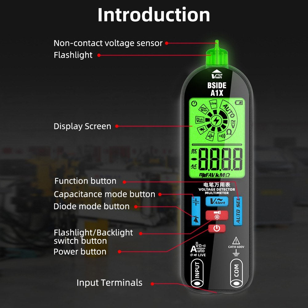 BSIDE Handheld Digital Multimeter with Voltage Tester, Diode Test, Live Wire Detection, Auto Shutdown & Flashlight