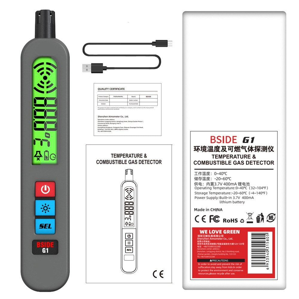 Portable Combustible Gas Leak Detector with Temperature Test & Alarm