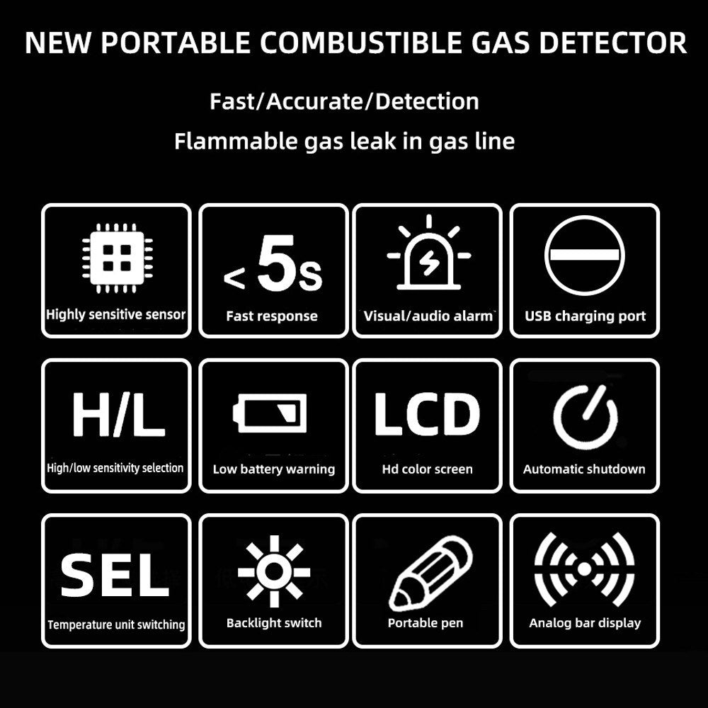 Portable Combustible Gas Leak Detector with Temperature Test & Alarm