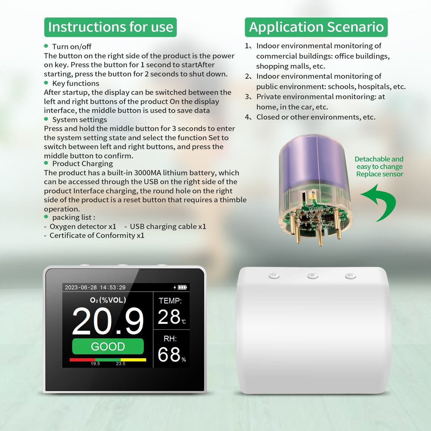 3-in-1 Air Quality Detector: Temperature & Humidity Monitor, Indoor/Outdoor Oxygen Tester