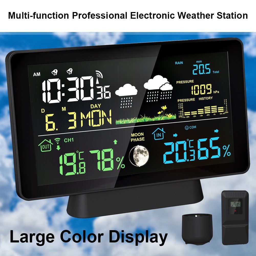Smart Weather Station with Color Screen: Temp, Humidity, Rainfall, Barometric Pressure, Moon Phase, Forecast & Alarm