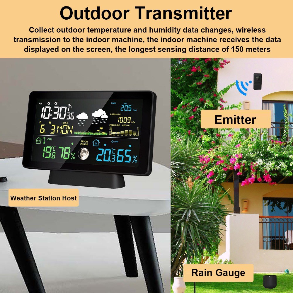 Smart Weather Station with Color Screen: Temp, Humidity, Rainfall, Barometric Pressure, Moon Phase, Forecast & Alarm